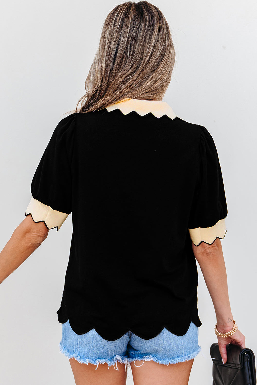 color contrast collared v neck puff sleeve blouse