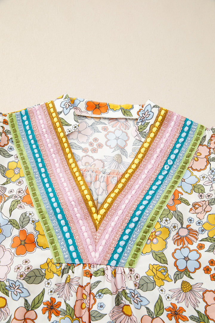 Multicolour Crochet V Neckline Puff Sleeve Boho Flower Blouse