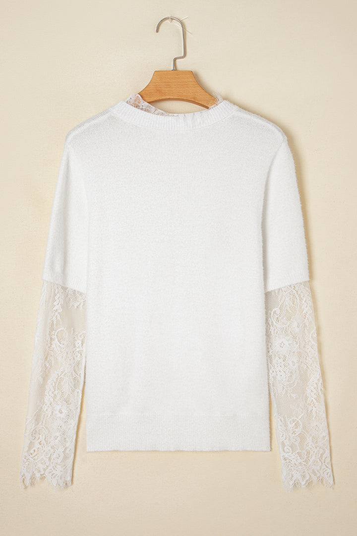 Lace Sleeve Patchwork Faux Two-piece Fuzzy Sweater