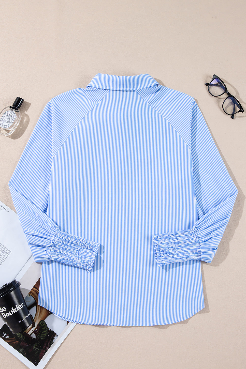 Sky Blue Stripe Pinstripe Smocked Cuffs Button Shirt Collar Blouse