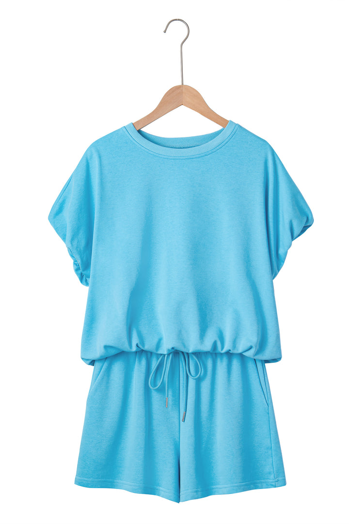 Light Blue Solid Color Puffy Loose Top Drawstring Shorts 2pcs Outfit