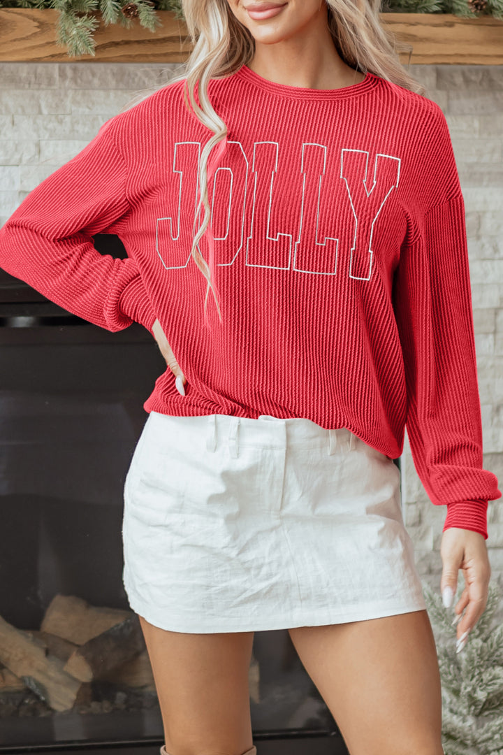 Racing Red Twisted Rib Outlined Merry Letter Graphic Loose Long Sleeve Top