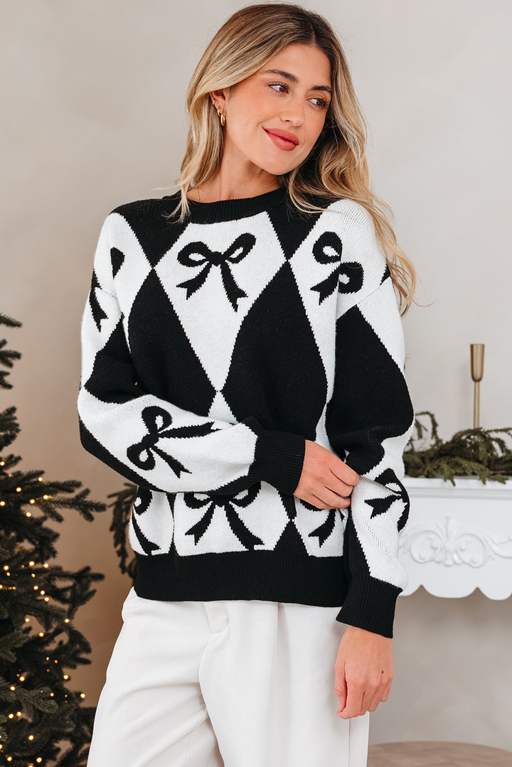 Bow Print 2-tone Rhombus Knit Loose Sweater