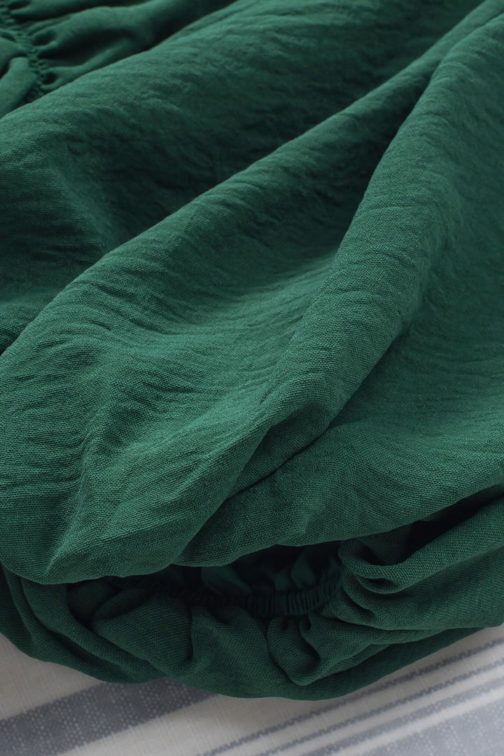 Green-2 Solid Color Shirred Bubble Sleeve Off Shoulder Babydoll Dress