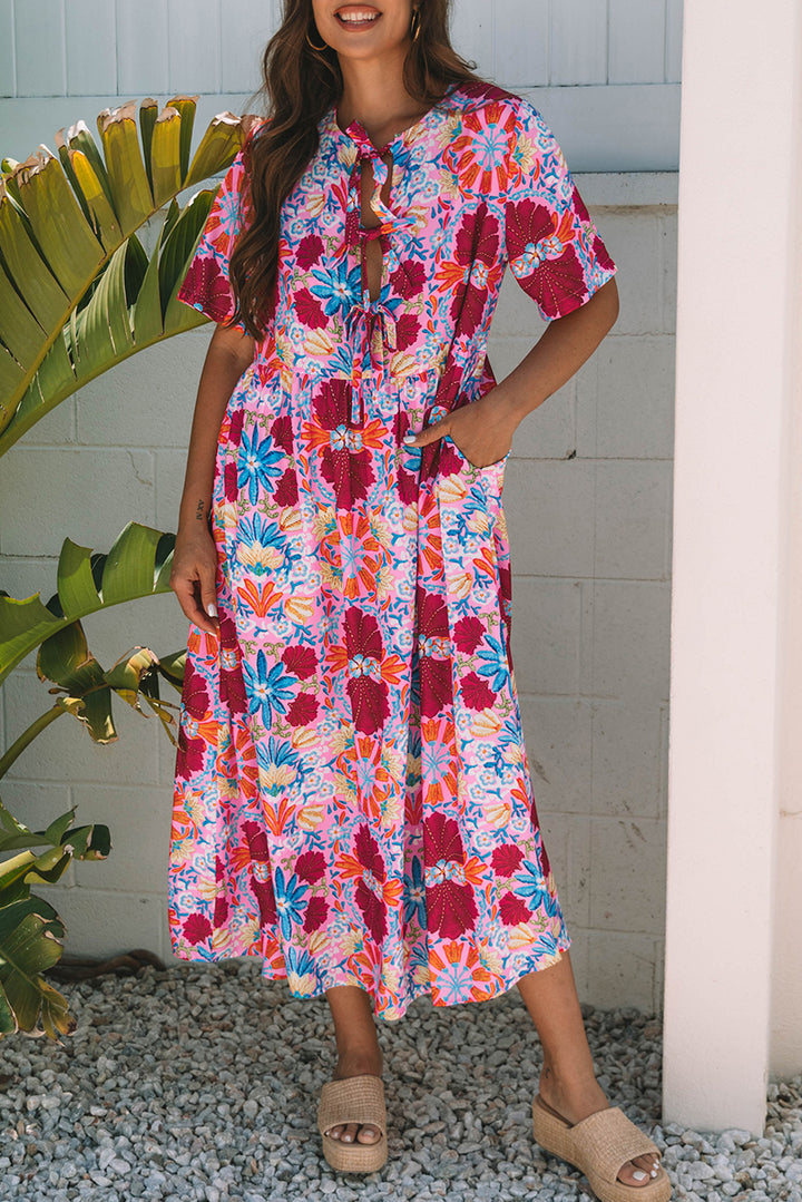 Floral Tied Front High Waist Short Sleeve Loose Long Dress