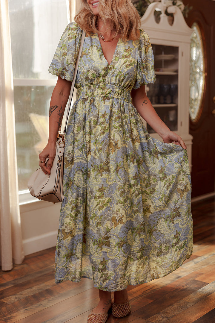 Vintage Floral V Neck Short Puff Sleeve Long Dress