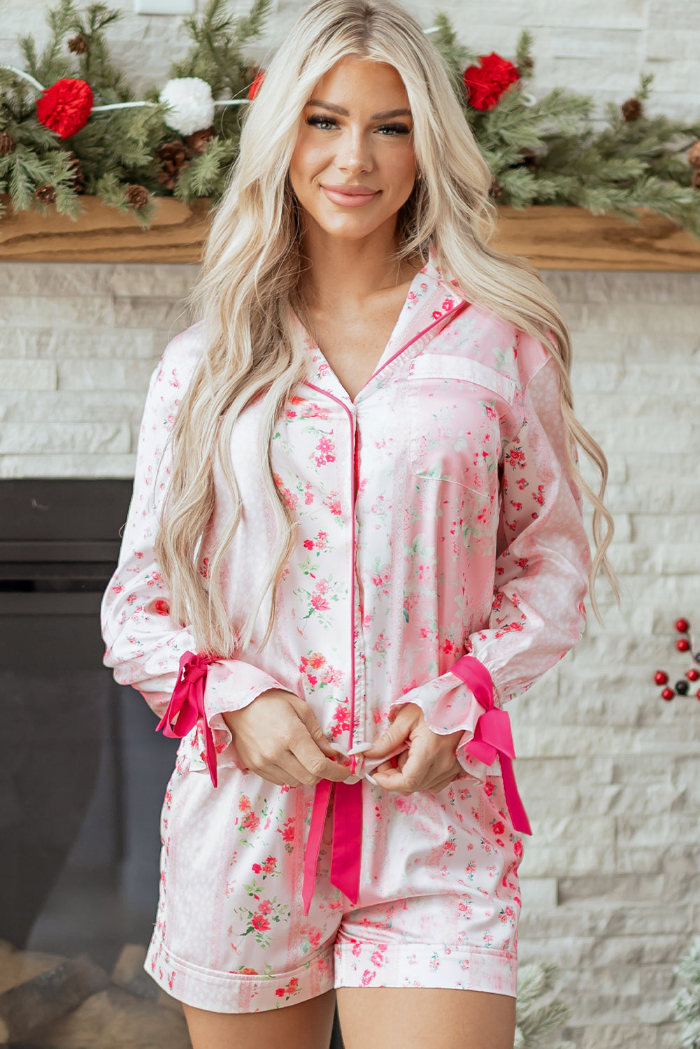 Pink Mixed Floral Print Contrast Piping Trim Satin Tie 2pcs Pajama Set