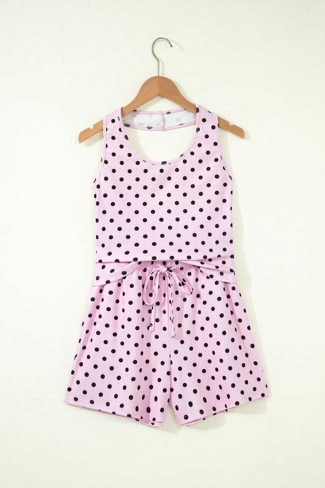 Pink Polka Dot Halter Tank Drawstring Elastic Waist Short Set