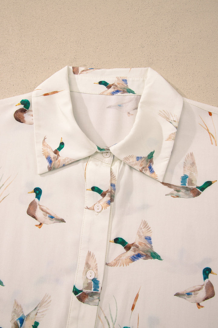 Beige Mallard Print Shirt Style Short Two Piece Set