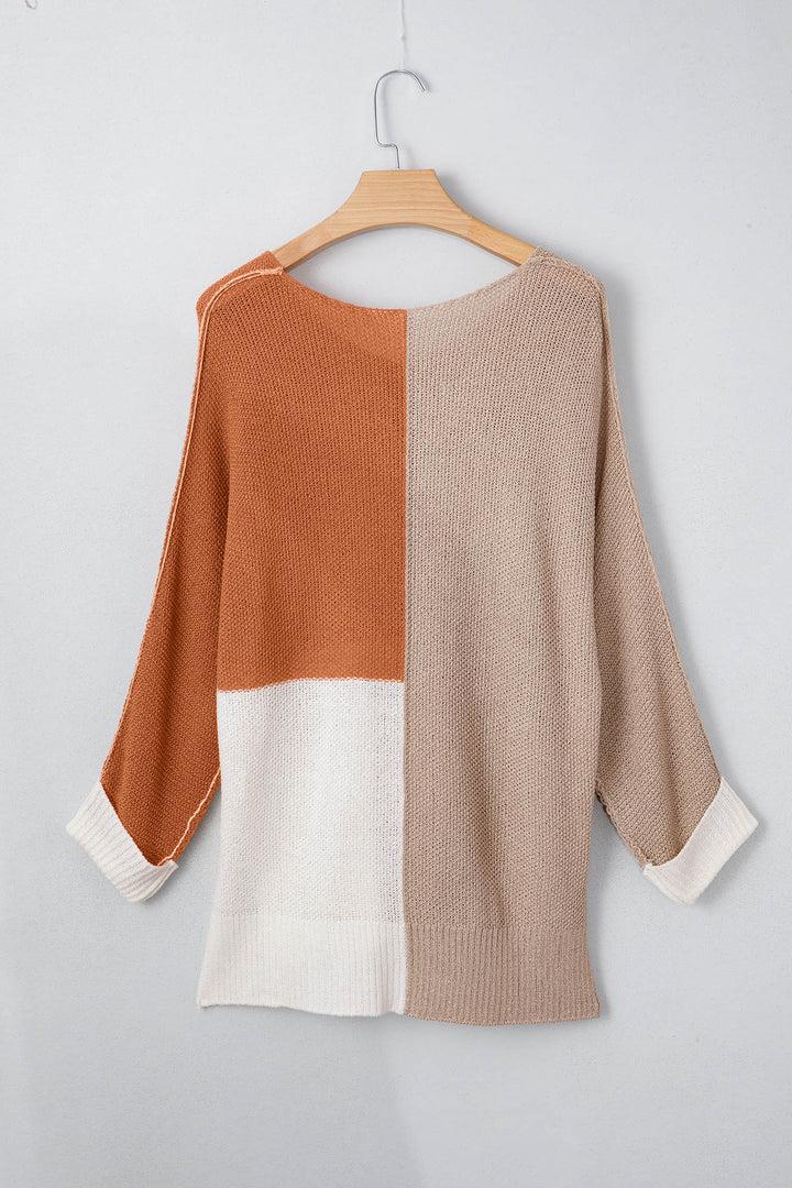 Color Block Knit V Neck Loose Sweater