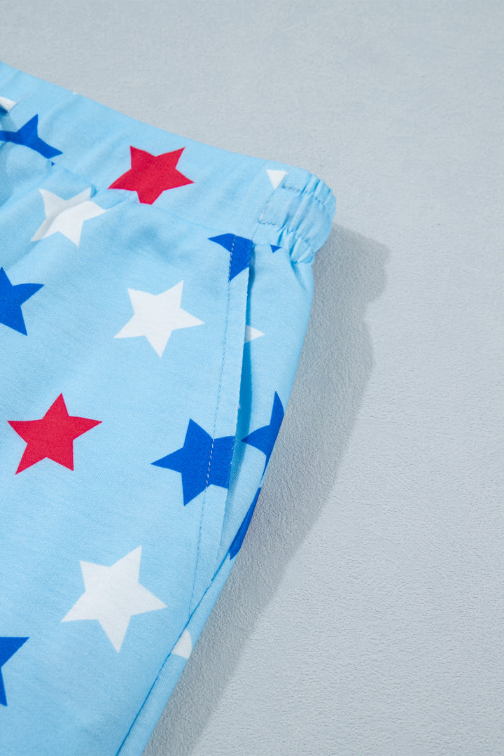 Sky Blue Patriotic Star Printed Beaded Drawstring Mini Skort