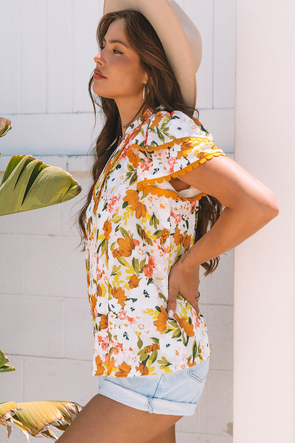 Ruffled V Neck Scalloped Short Sleeve Floral Blouse
