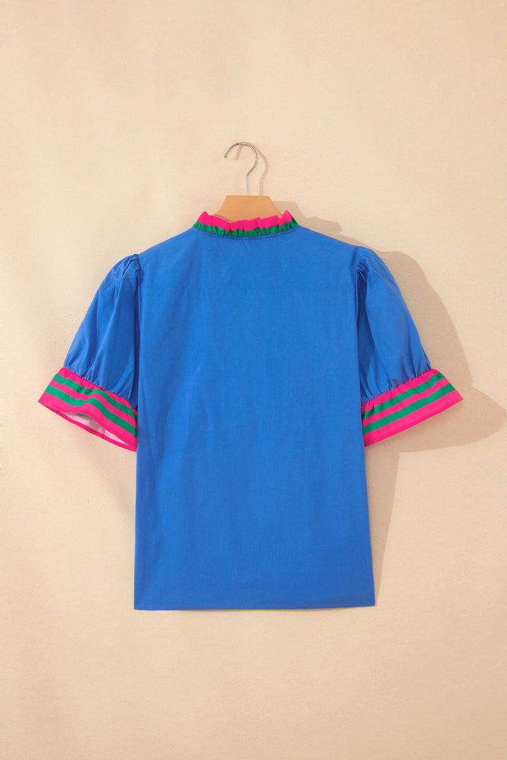 Sky Blue Striped Frilled Collar Ruffled Short Sleeve Blouse