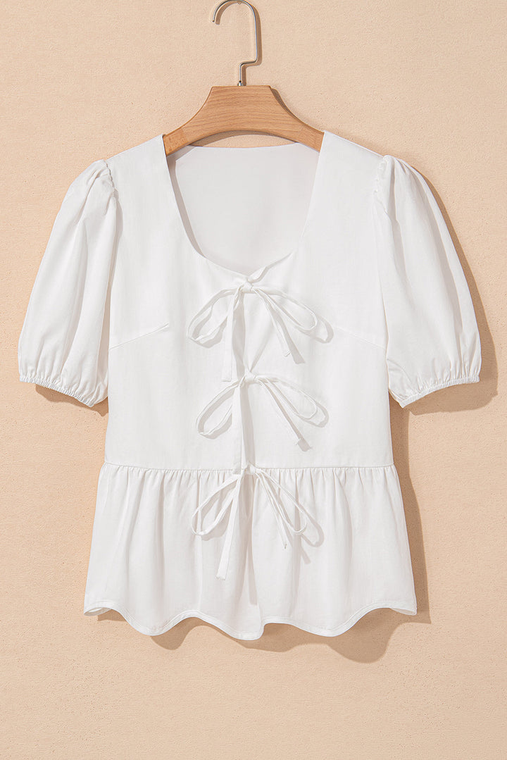 bow knot decor square neck puff sleeve peplum top