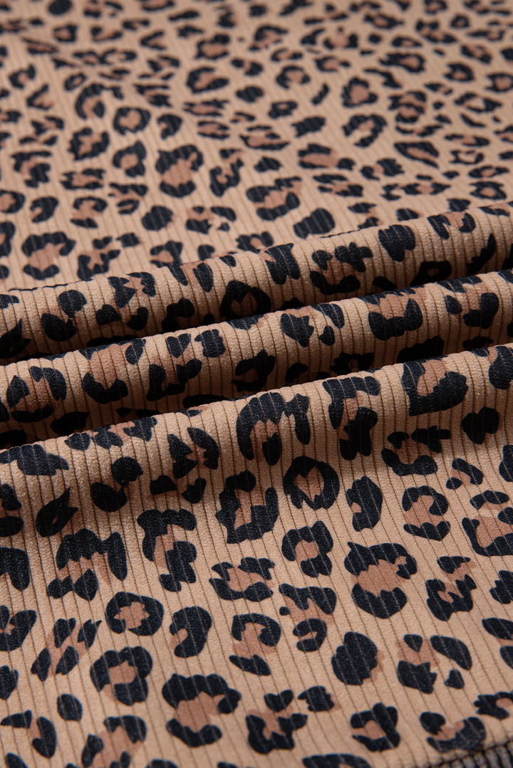 Khaki Ribbed Leopard Print Contrast Collar Zip Hooded Pullover Sweatshirt
