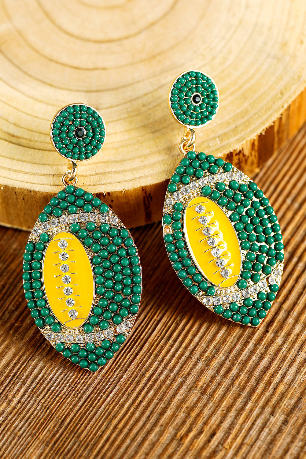 Boucles d'oreilles pendantes en perles et strass, motif rugby