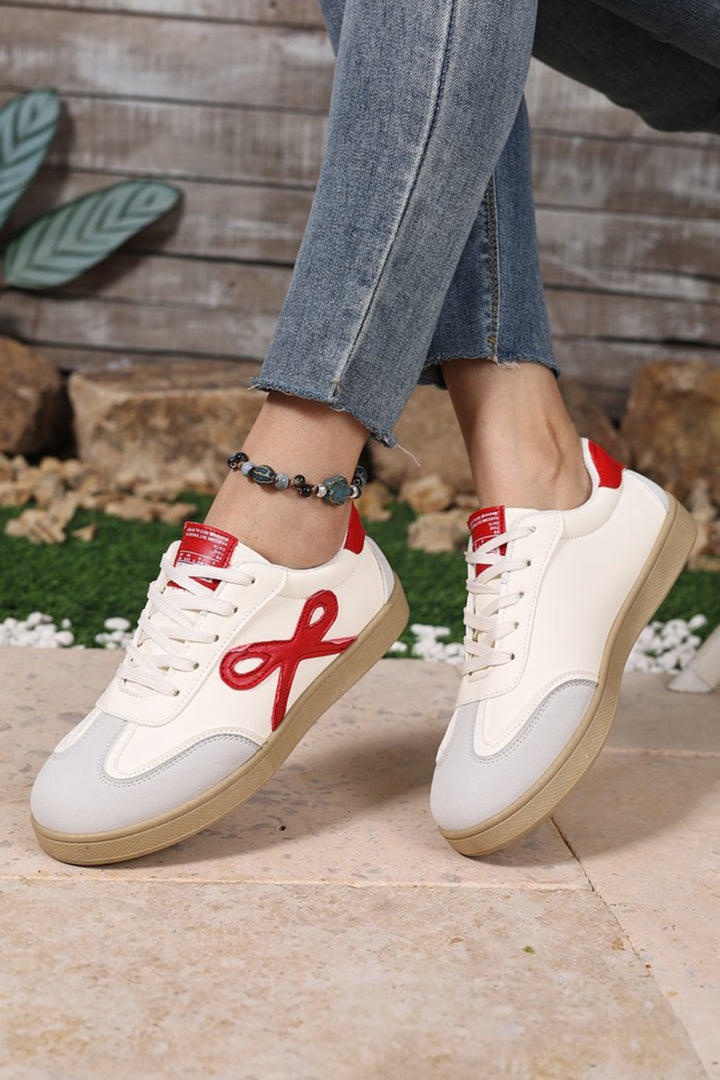 Cute Bow Patch Color Block PU Leather Sneakers