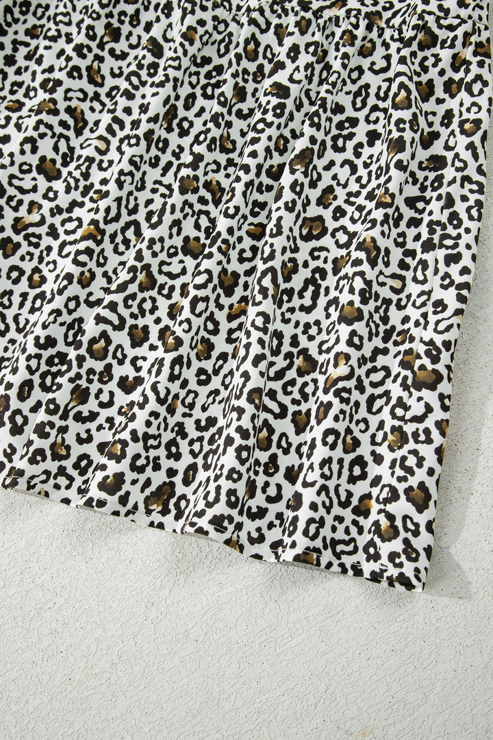 Khaki Plus Size Buttoned Contrast Trim Puff Sleeve Leopard Print Blouse