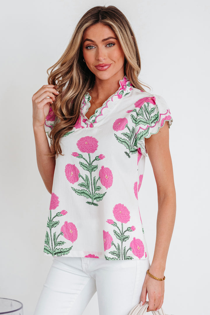 Wild Flower Print Contrast Trim Scallop Detail Short Sleeve Blouse