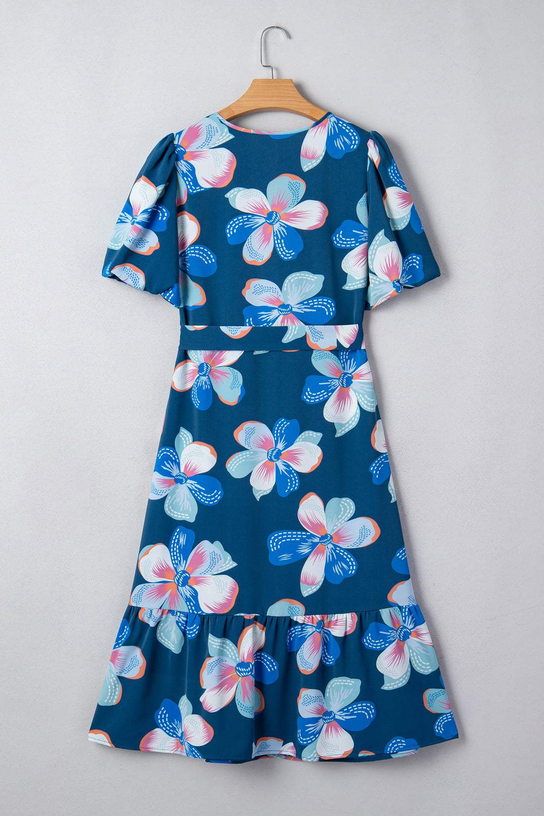 Floral Print Short Puff Sleeve Ruffle Hem Belted Long Dress