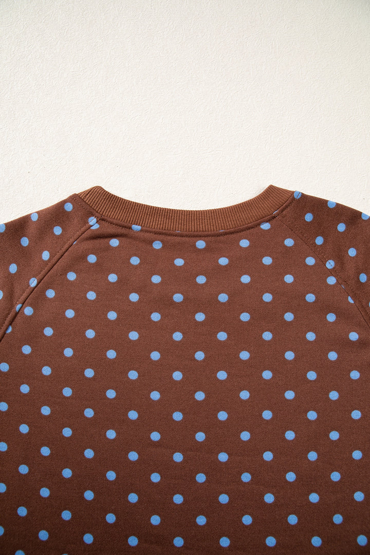 Brown Polka Dot Drawstring Wide Leg Long Sleeve Top Pant Set