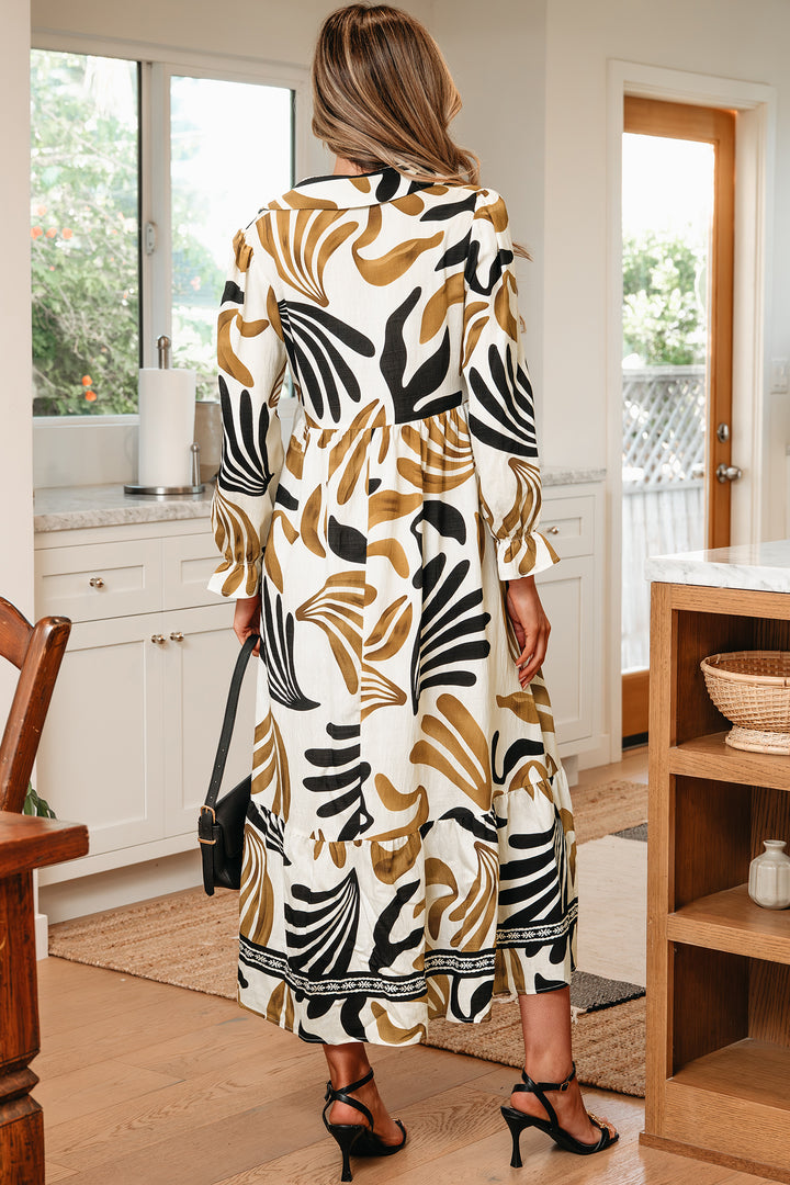 Tropical Printed Contrast Trim Neck Long Sleeve Ruffle Hem Dress