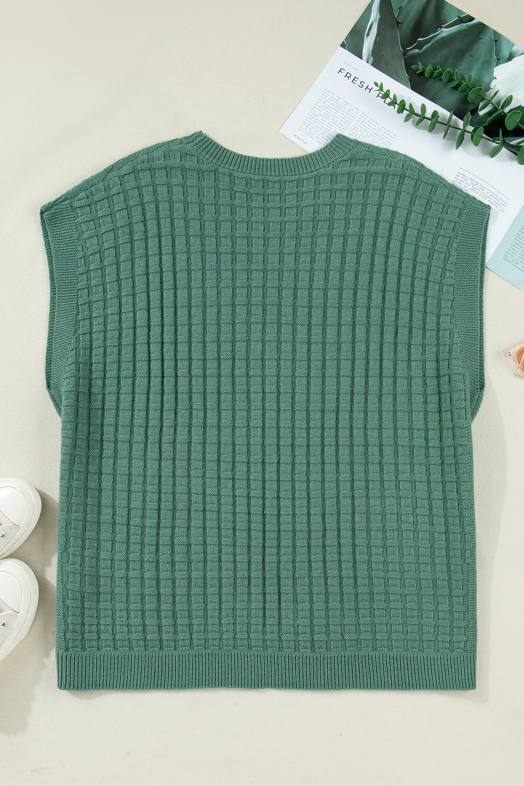 Mist Green Plus Size Solid Color Textured Knit Short Sleeve Sweater