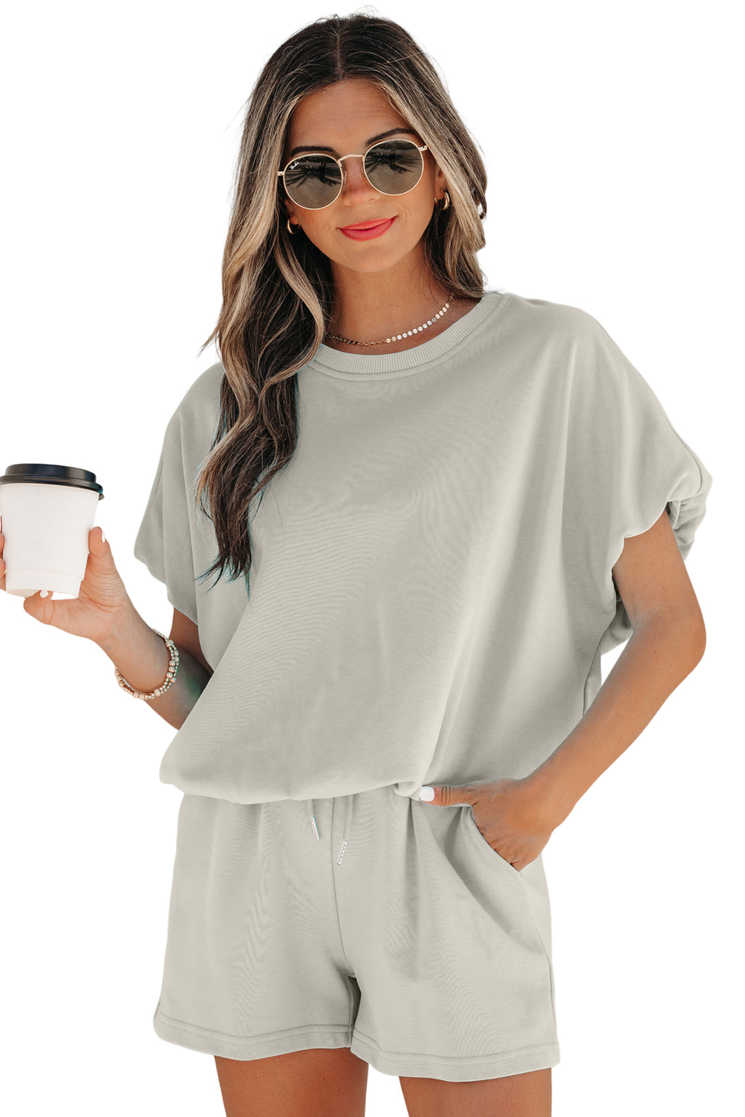Smoke Gray Solid Color Puffy Loose Top Drawstring Shorts 2pcs Outfit