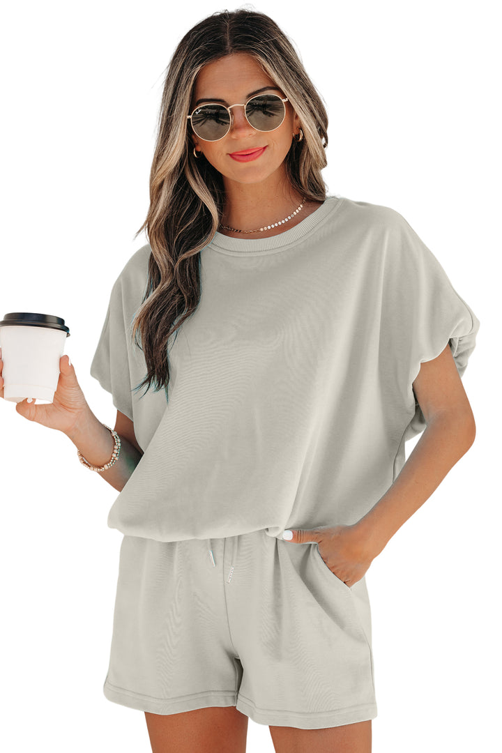 Smoke Gray Solid Color Puffy Loose Top Drawstring Shorts 2pcs Outfit