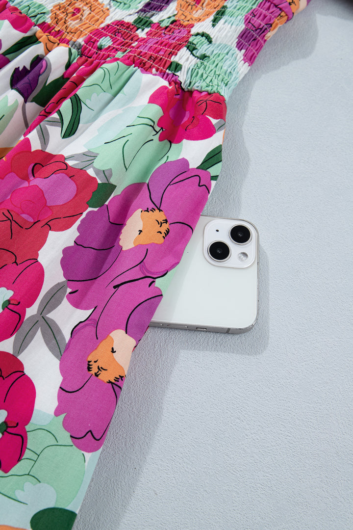 Rose Vibrant Floral Print Zip Up Puffy Half Sleeve Dress