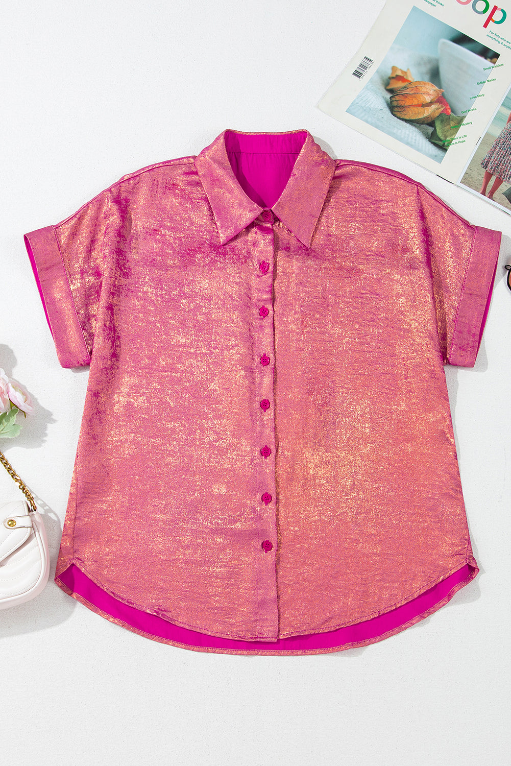 Metallic Sheen Short Sleeve Buttoned Front Casual Shirt