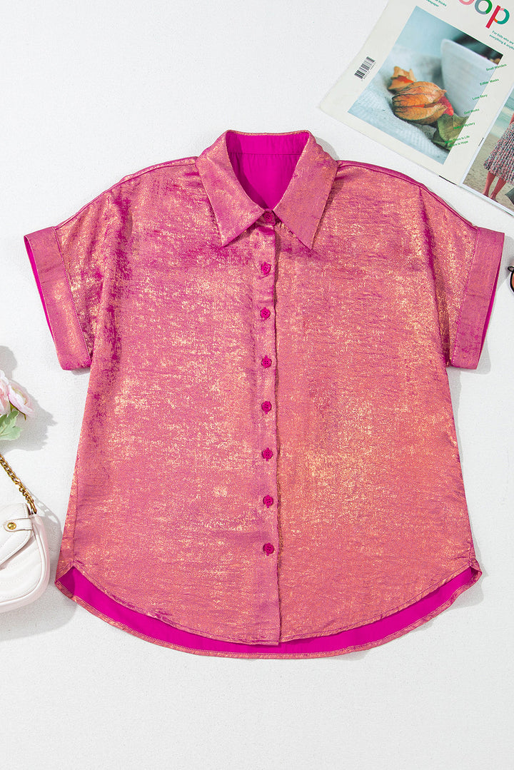 Metallic Sheen Short Sleeve Buttoned Front Casual Shirt