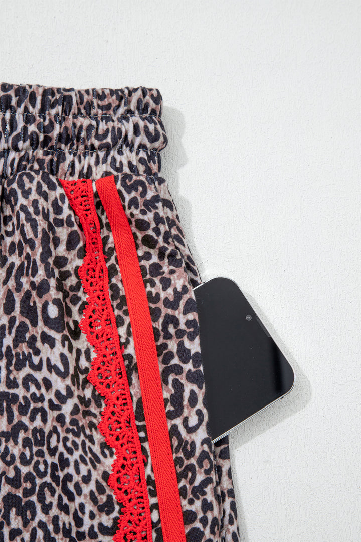 Brown Wild Leopard Print Contrast Lace Striped Detail Drawstring Pants