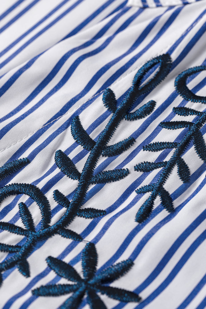 Blue Stripe Embroidered Detail Button Front Long Sleeve Shirt