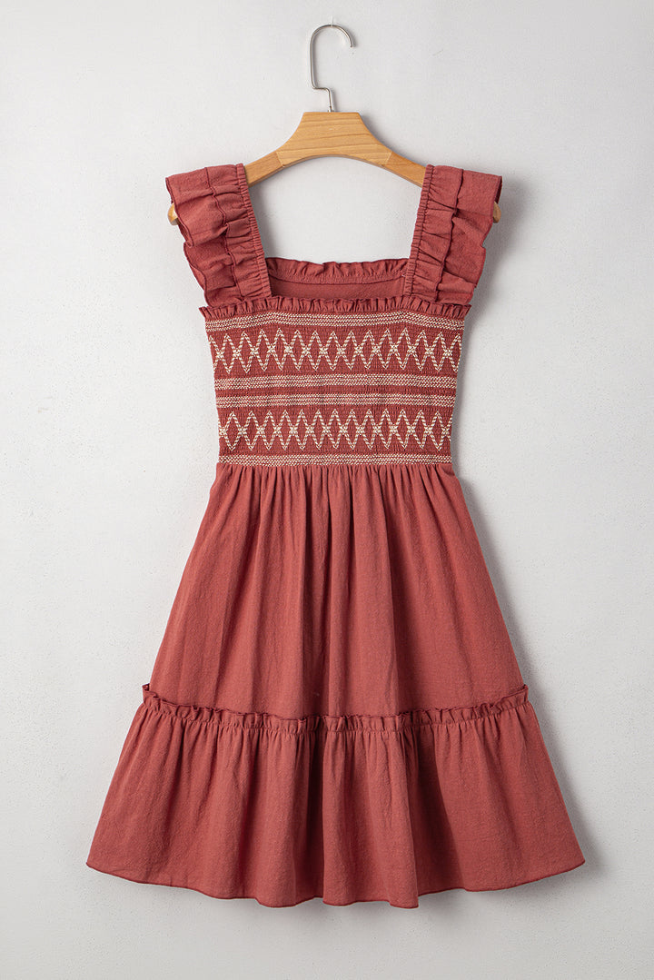 Geometric Stitch Shirred Bodice Ruffled Trim Sleeveless Mini Dress