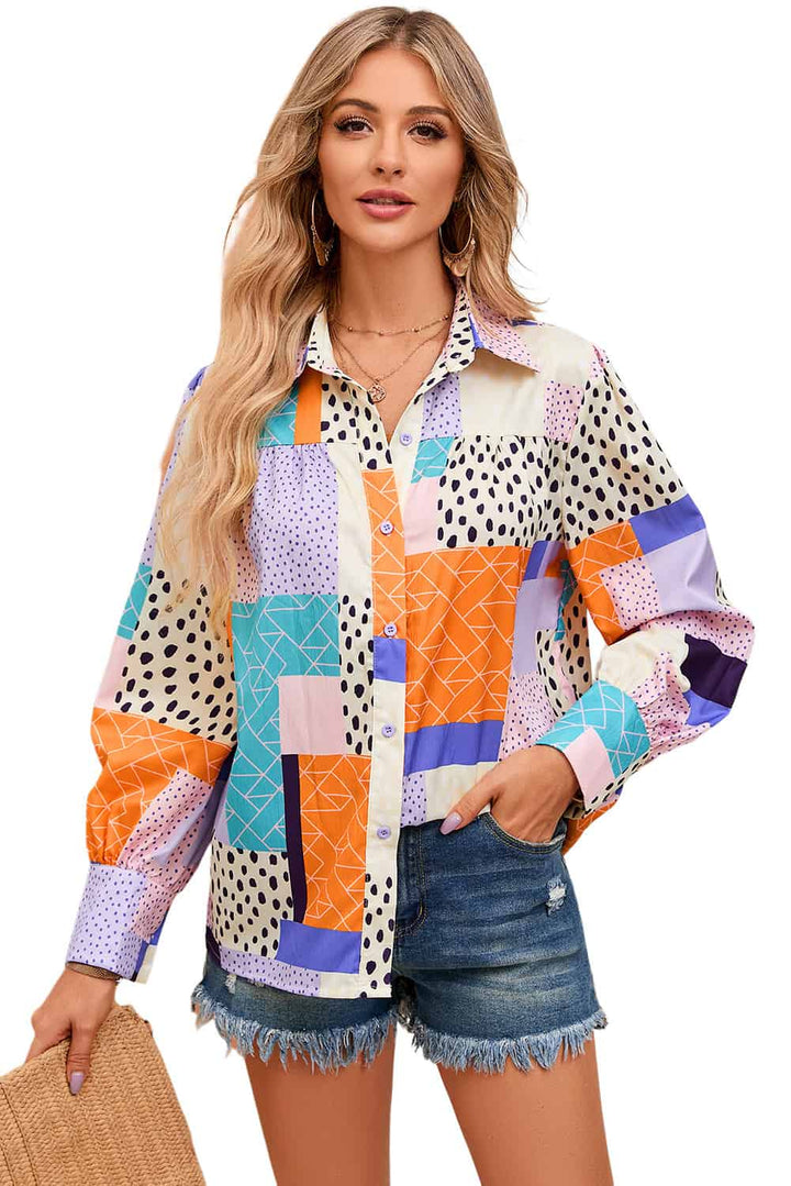 Multicolor Mixed Print Button Front Cuffed Sleeve Shirt