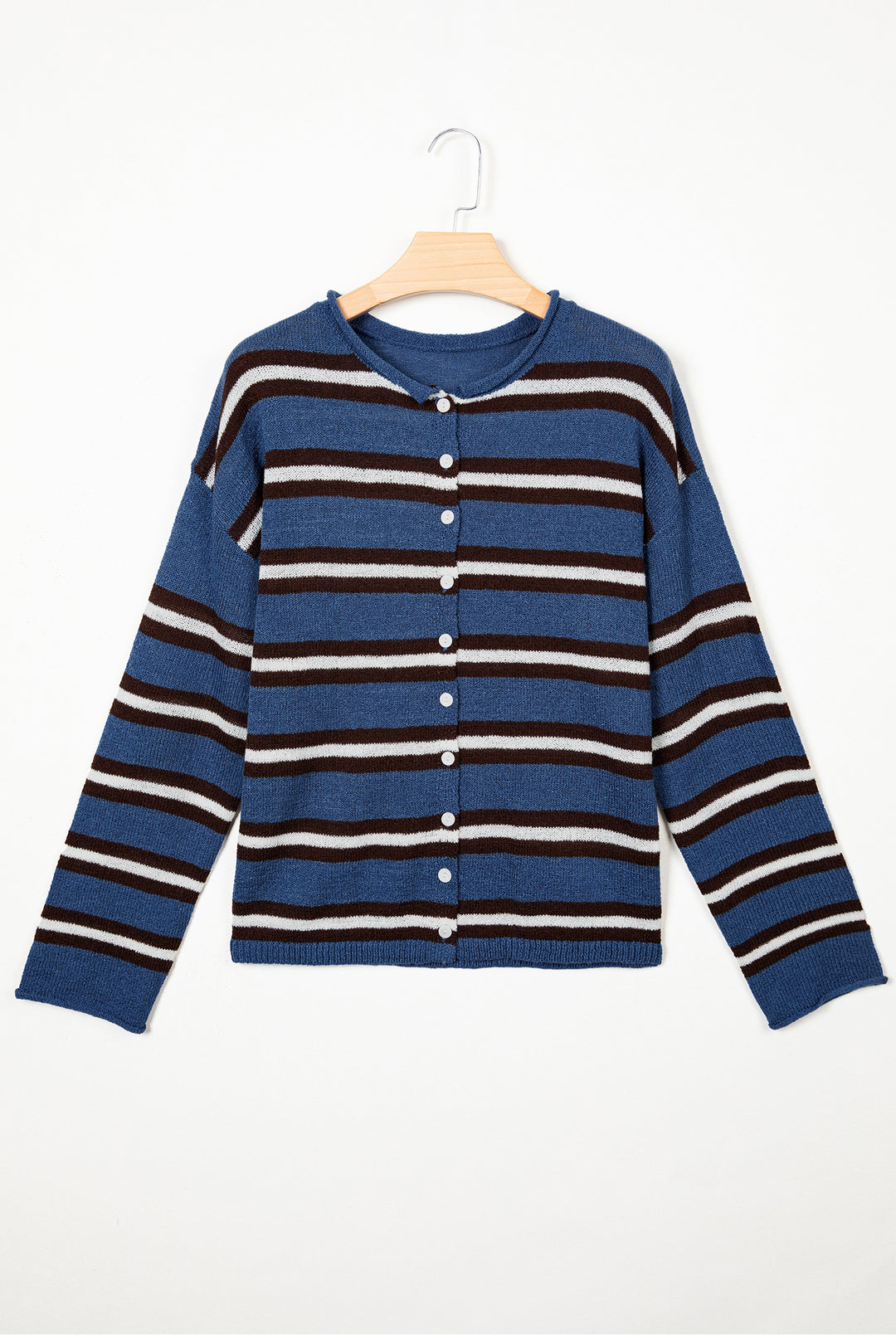 Blue Stripe Striped Drop Shoulder Button Cardigan