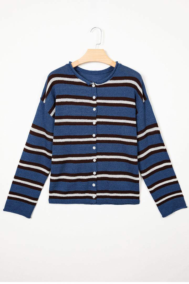 Blue Stripe Striped Drop Shoulder Button Cardigan