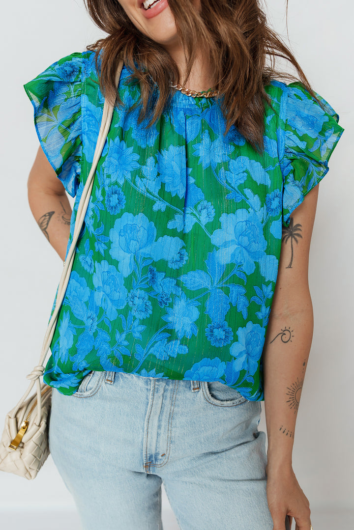Floral Print Ruffled Sleeve Summer Blouse