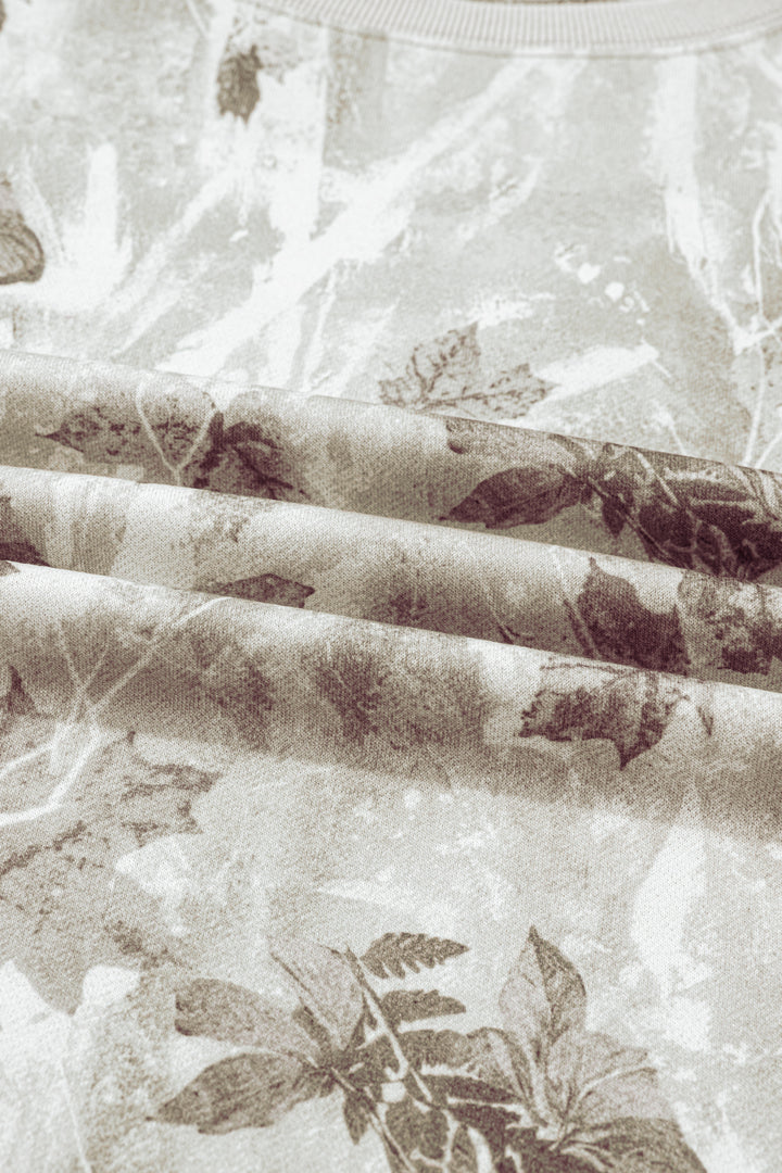 Gray Leafy Camo Print Exposed Seam Patchwork Baggy Slit Sweatshirt