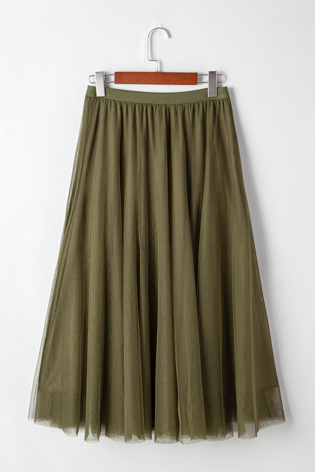 Jungle Green Tulle Mesh Overlay Flared Midi Skirt