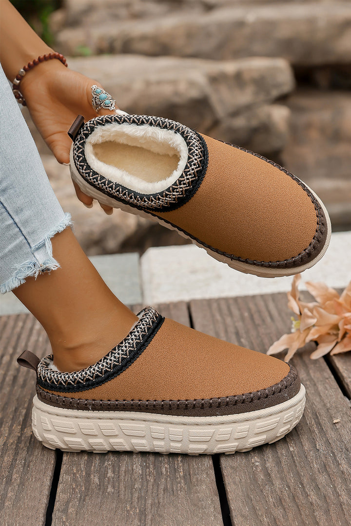 Contrast Stitch Detail Faux Suede PU Patchwork Plush Winter Clog Slippers