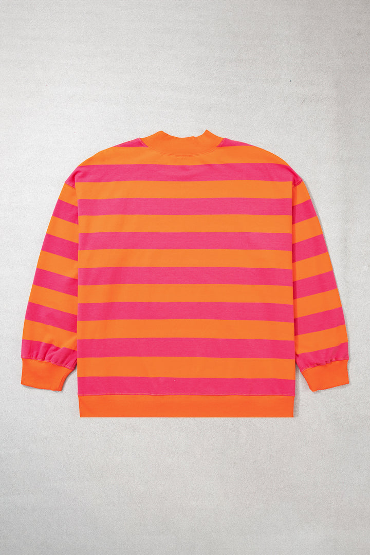 Orange Stripe Ribbed Trim Stand Neck Dropped Shoulder Plus Size Sweatshirt