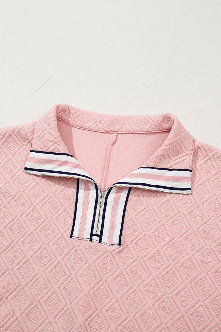Light Pink Contrast Striped Collar Patchwork Textured Half Sleeve Blouse