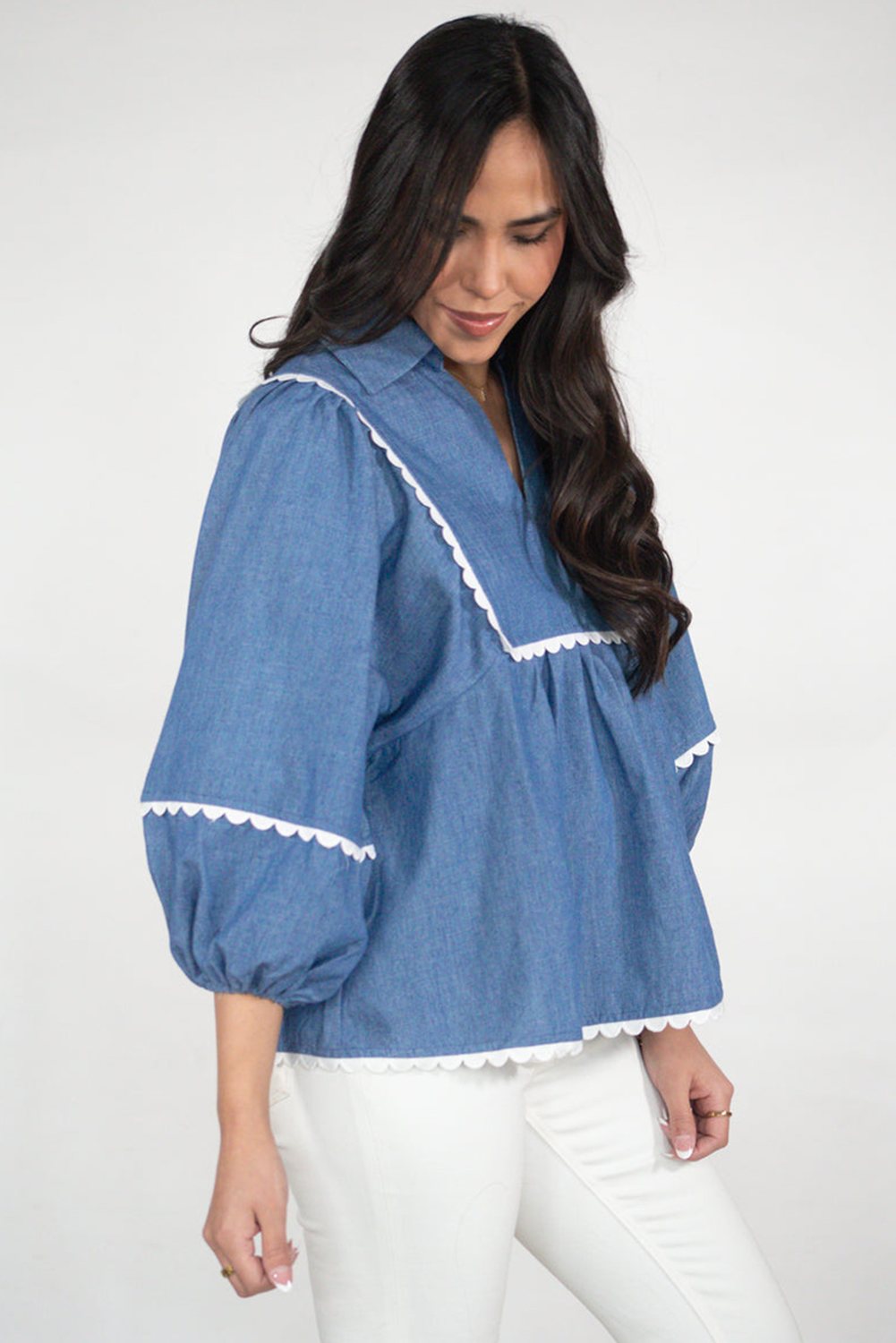 Lace Ric Rac 3/4 Puff Sleeve Collared Babydoll Blouse