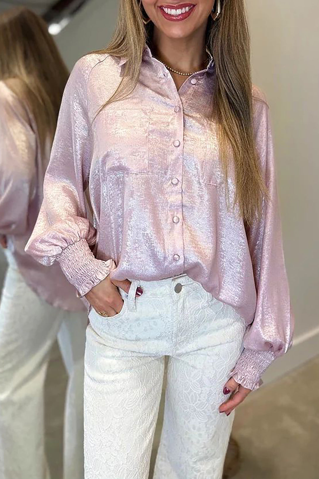 New Delicacy Long Sleeve Button Front Ruffle Cuffs Back Paneling Shirt