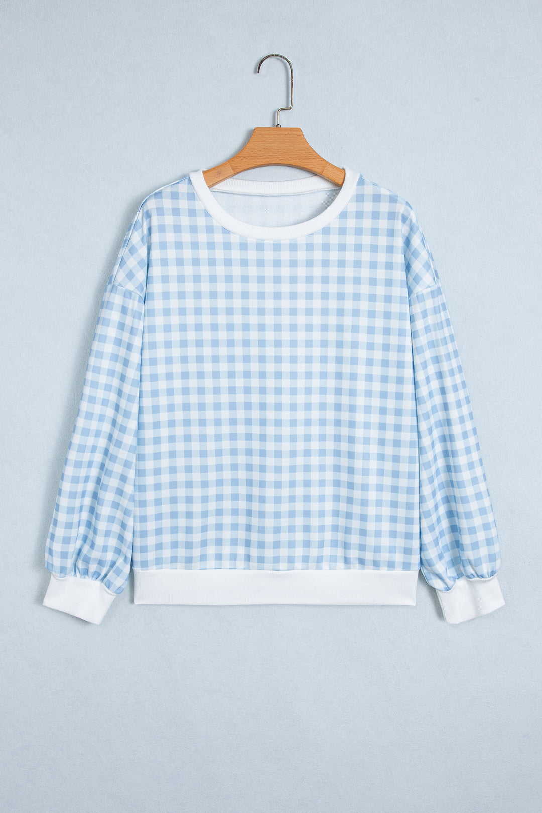 Light Blue Plaid Round Neck Long Sleeve Sweatshirt