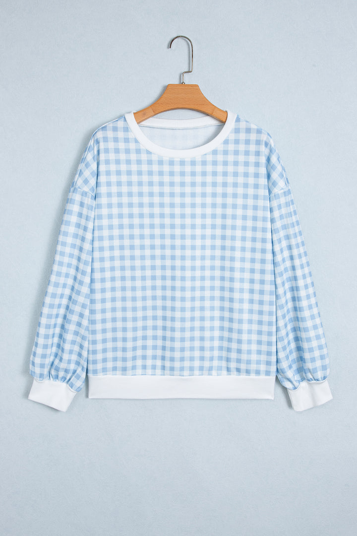 Light Blue Plaid Round Neck Long Sleeve Sweatshirt