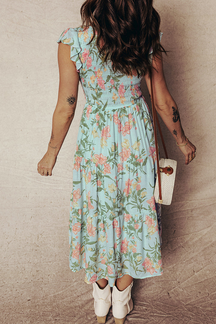 Smocked Bodice Ruffled Sleeveless Tiered Floral Maxi Dress