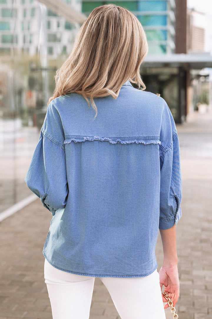 Washed Drop Shoulder Bracelet Sleeve Chambray Shirt